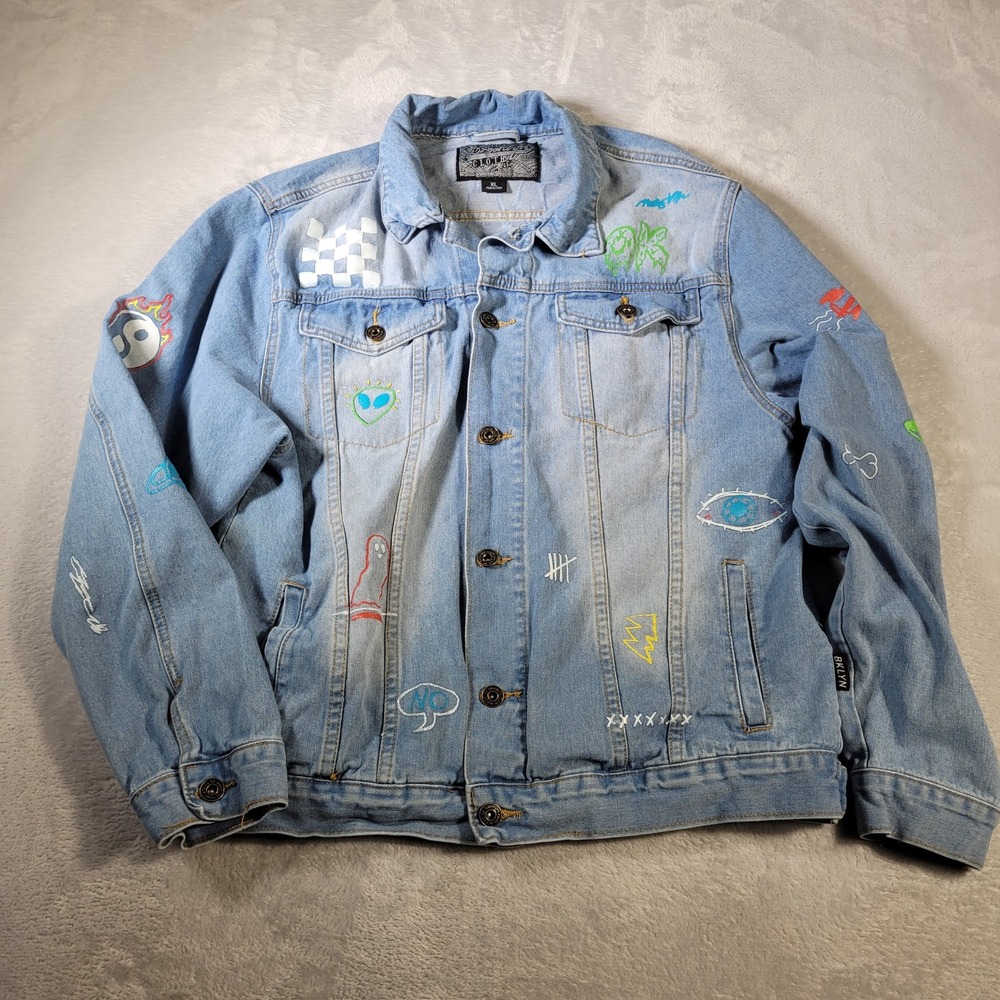 Brooklyn Cloth Denim Jacket Mens XL?? Blue Savage Graphic Painted Light Wash